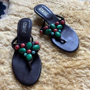 Brown with faux stones, kitten heel, excellent used condition